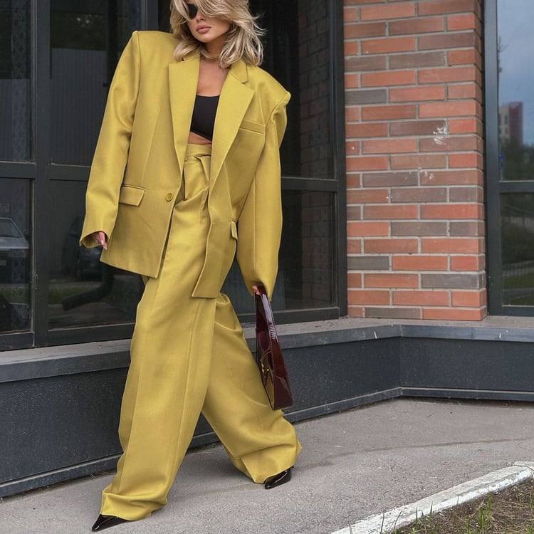 Long Sleeve Lapel Baggy Coat High Waist Wide Leg Pants Two-piece Set view 5