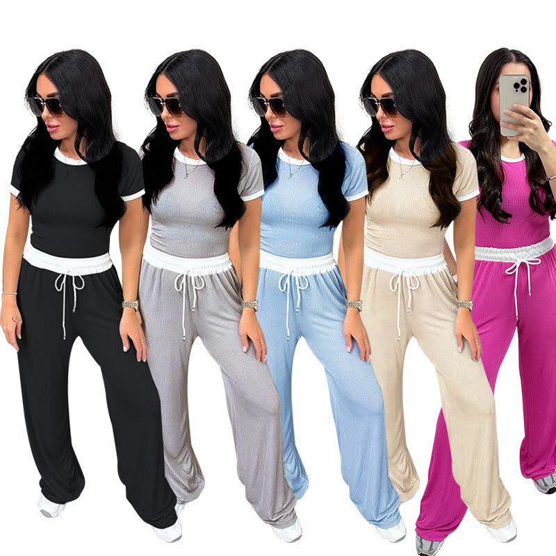 Round Neck Contrast Color Women's Fashion Casual Wide-leg Pants Sports Suit view 38