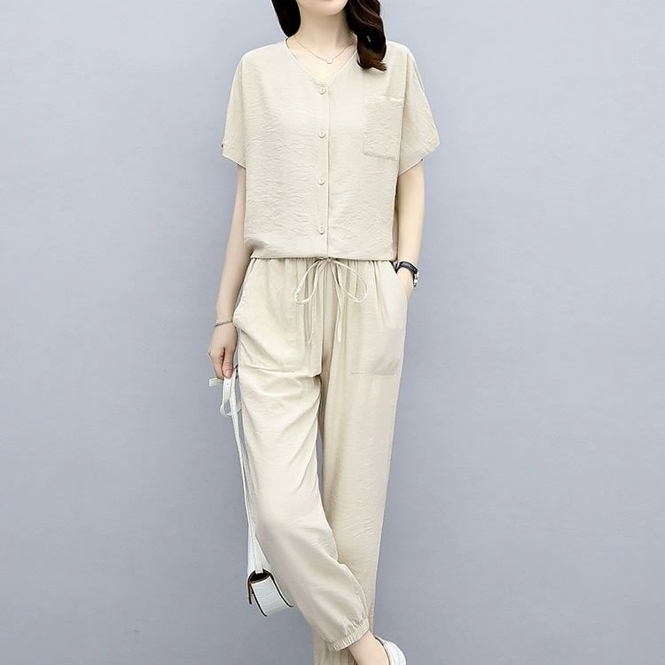 Leisure Fashionable Stylish Fashionable And Reducing Age Noble Lady Sub-cotton And Linen Two-piece Suit view 4