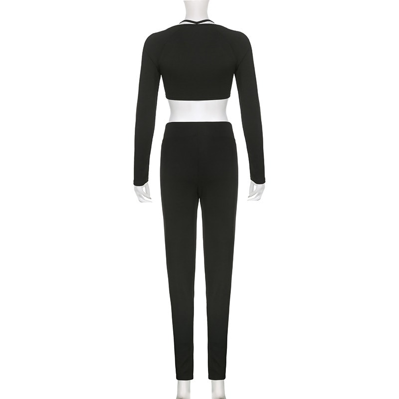 Solid Color Knitted Letter Body-hugging Suit Round Neck Long Sleeve Short Top High Waist Skinny Leggings Two-piece Set view 16
