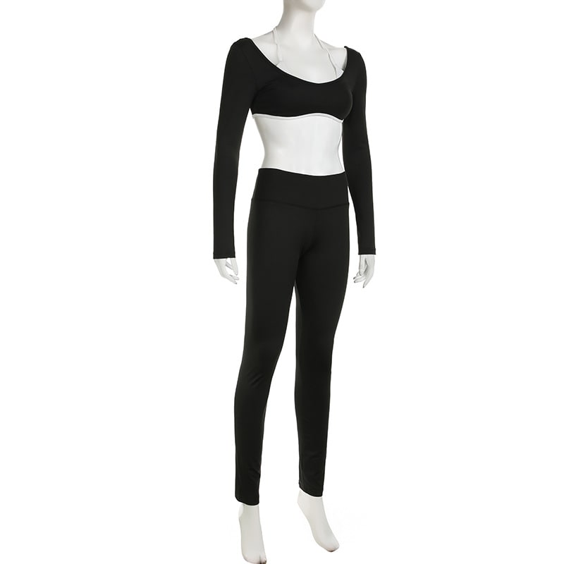 Solid Color Knitted Letter Body-hugging Suit Round Neck Long Sleeve Short Top High Waist Skinny Leggings Two-piece Set view 41