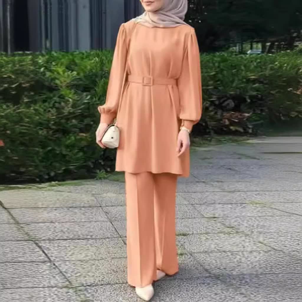 Middle East Muslim Round Neck Long Sleeve Belt Elastic Waist Top And Trousers Suit view 7