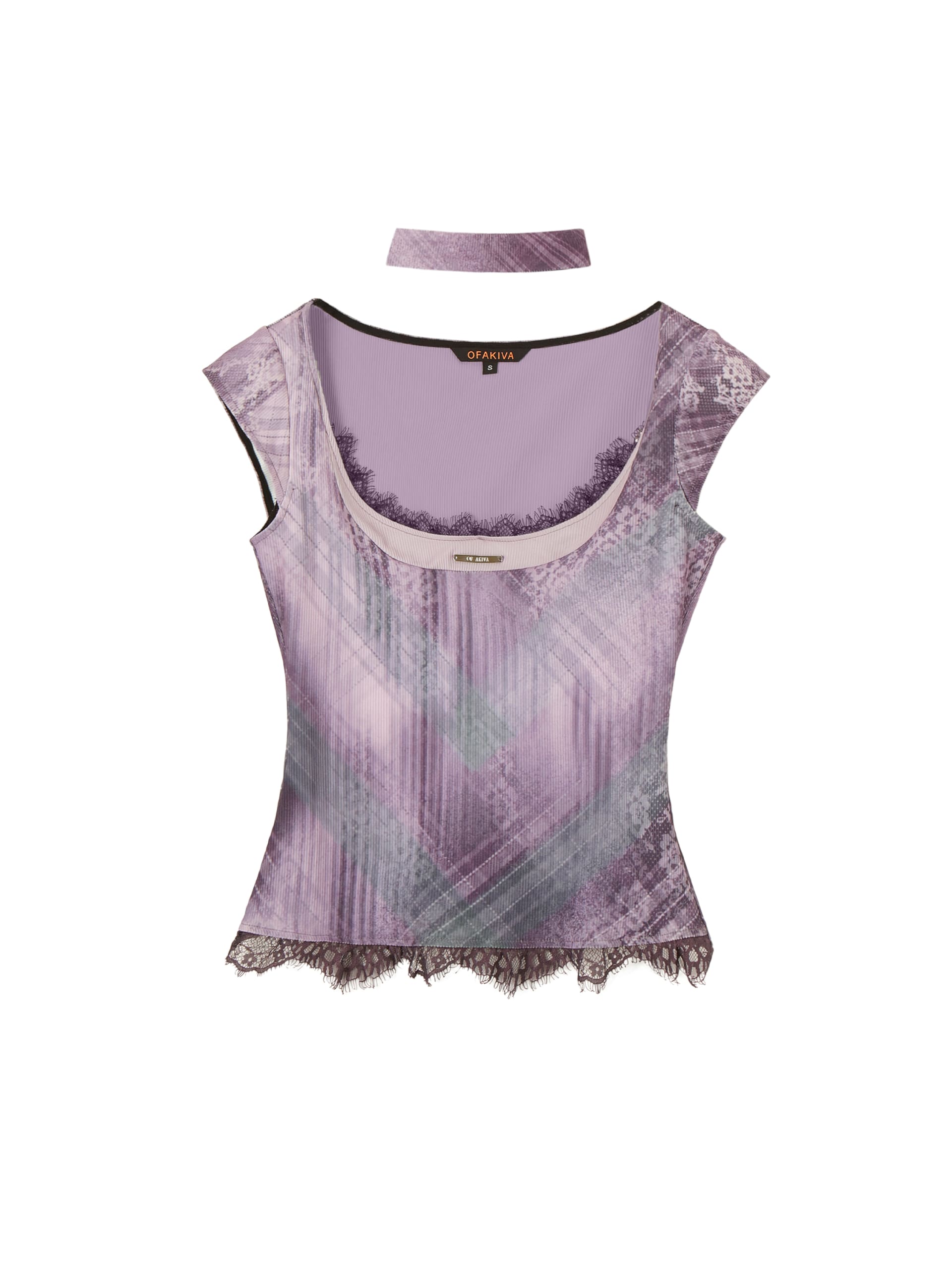 Plaid Lace Print Stitching Skin-friendly Knitted Flying Sleeve Top view 11