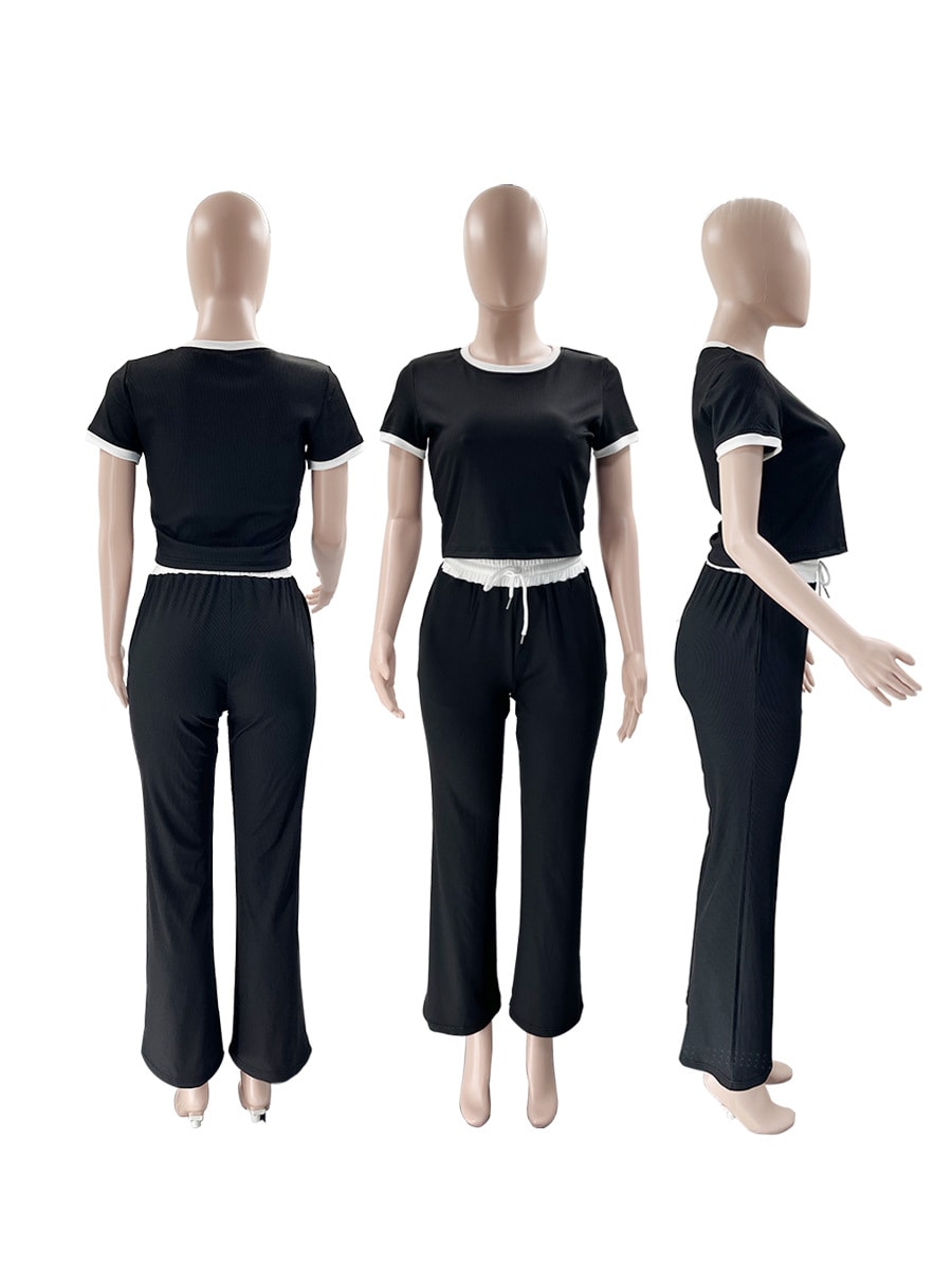 Round Neck Contrast Color Women's Fashion Casual Wide-leg Pants Sports Suit view 35