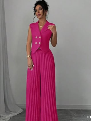 Summer Sleeveless Suit Fashion Lapel Button Vest Top And Pleated Straight Pants Women's Trousers Set Clothing view 10