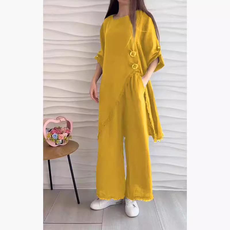 Loose And Irregular Half Sleeve Mid-length Top Loose-fitting Wide-leg Trousers view 3