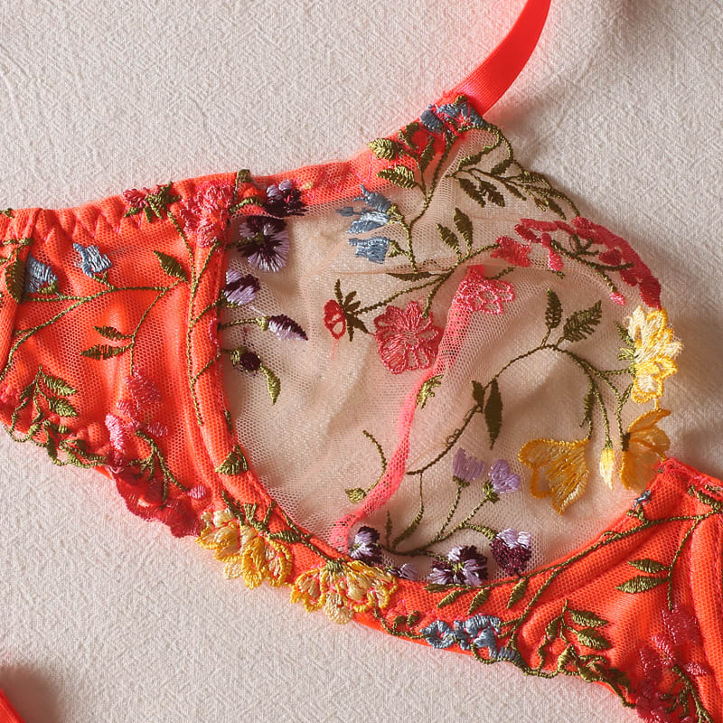 Flowers See-through Embroidered Ribbon Steel Ring Underwear Suit view 3