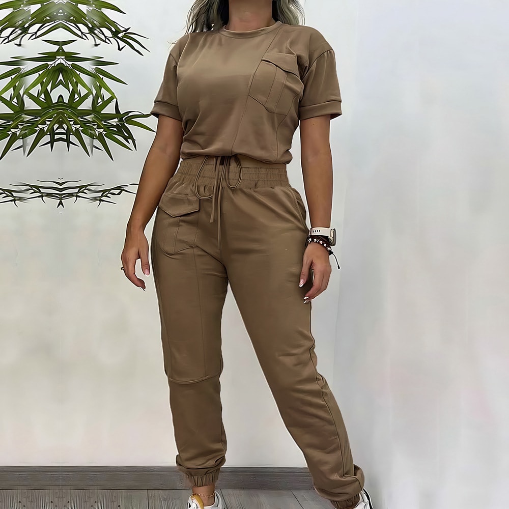 Workwear Casual Round Neck Short Sleeve Trousers Two-piece Set view 6