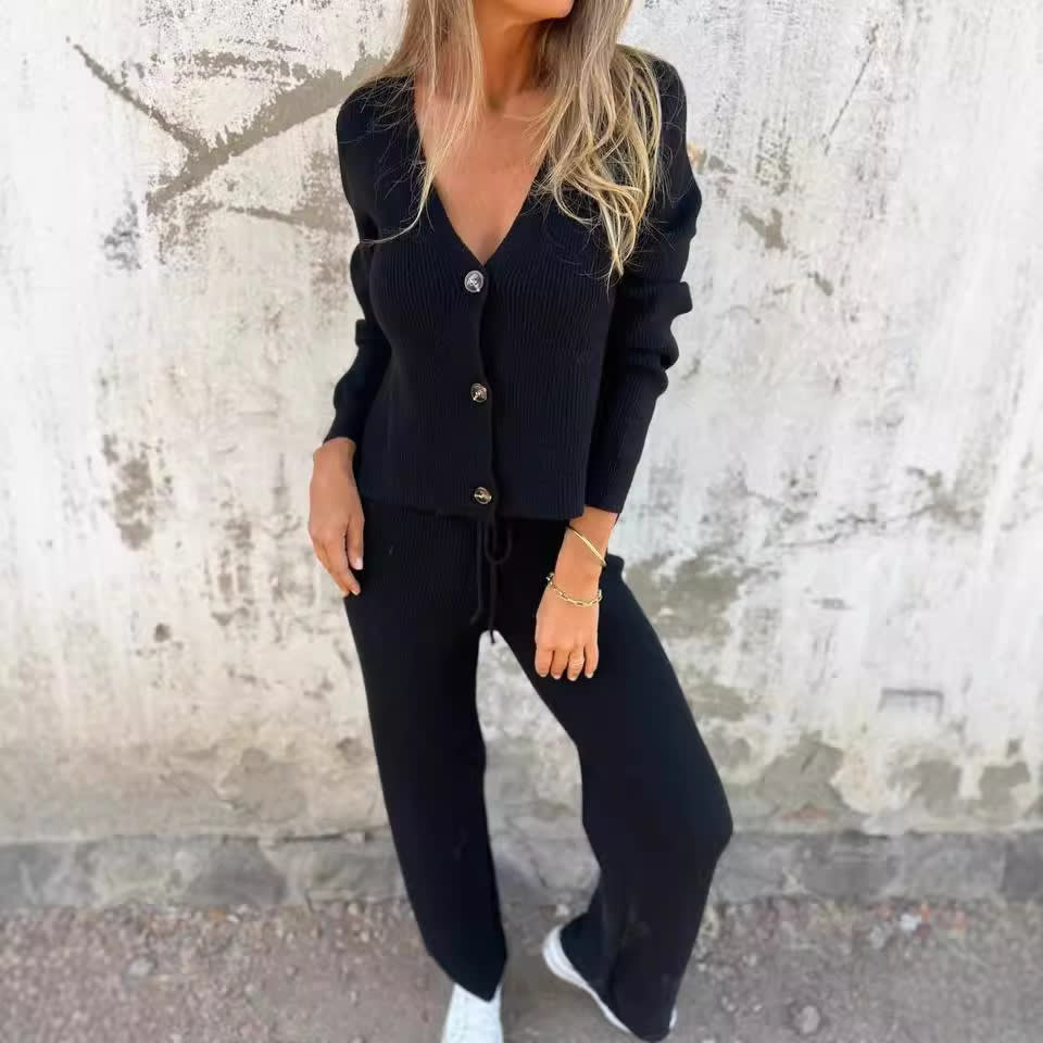 Long Sleeve Breasted V-neck Knitted Cardigan Tether Trousers Sweater Suit view 7