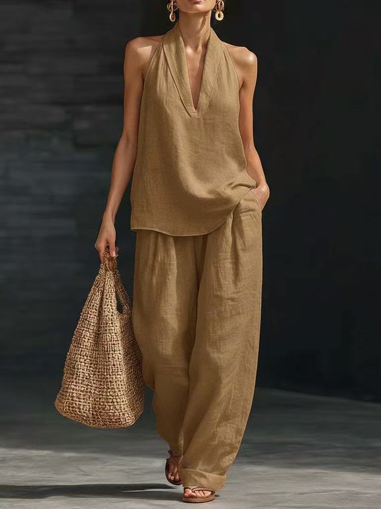 Summer Sleeveless Suits V-neck Halter Top And Wide-leg Pants Fashion Casual Straight Trousers Set view 15
