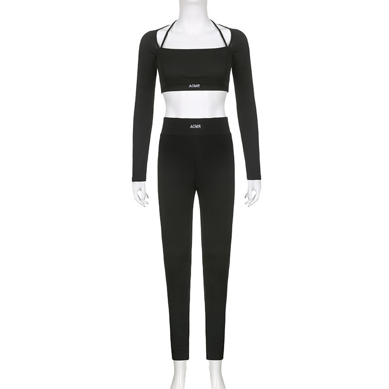Solid Color Knitted Letter Body-hugging Suit Round Neck Long Sleeve Short Top High Waist Skinny Leggings Two-piece Set view 14