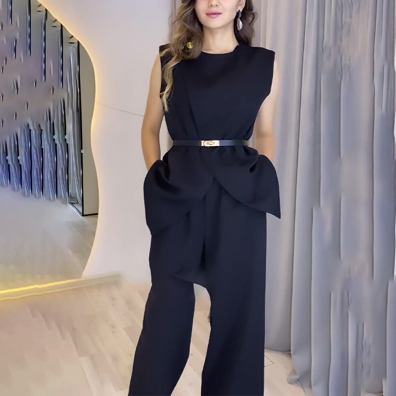 Solid Color Round Neck Sleeveless Top High Waist Wide Leg Pants Two-piece Set view 15