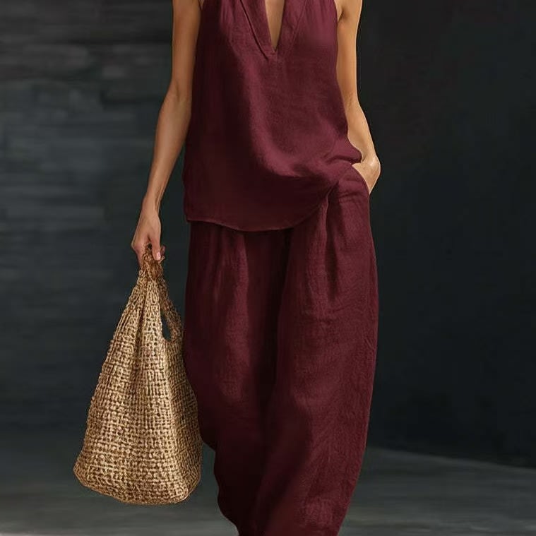 Summer Sleeveless Suits V-neck Halter Top And Wide-leg Pants Fashion Casual Straight Trousers Set view 12