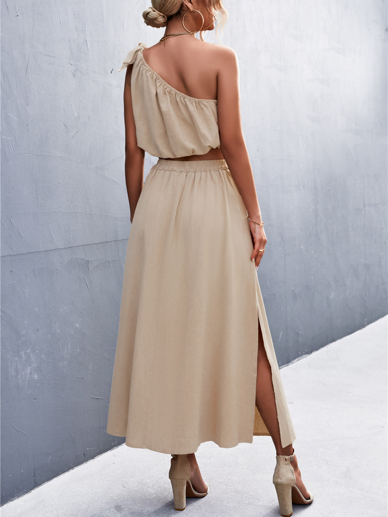 Sexy Oblique Shoulder Lace-up Vest Slit Midi Skirt Suit view 14