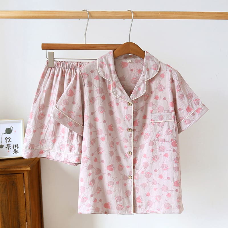 Summer New Retro Yarn-dyed Jacquard Short-sleeved Shorts Women's Lapel Suit Homewear view 3