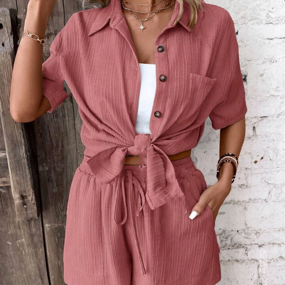 Summer Cardigan Button Short Sleeve Solid Color Shorts Suit view 5