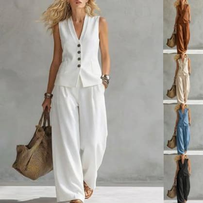 Two-piece V-Neck Sleeveless Vest And Wide Leg Pants For Women Summer Solid-Colored Sleeveless Casual Linen Tank Top And Pants Set view 5