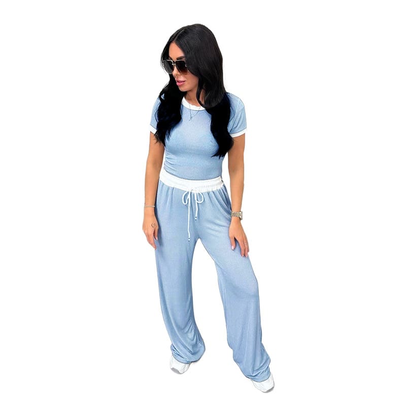 Round Neck Contrast Color Women's Fashion Casual Wide-leg Pants Sports Suit view 10