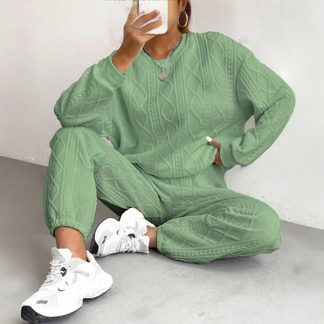 Jacquard Long Sleeve Casual Round Neck Sweater Trousers Suit view 12