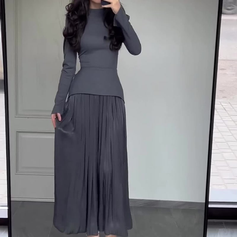 Ladies New Color Contrast Patchwork Slim-fit Lace Up Long Sleeve Dress view 2