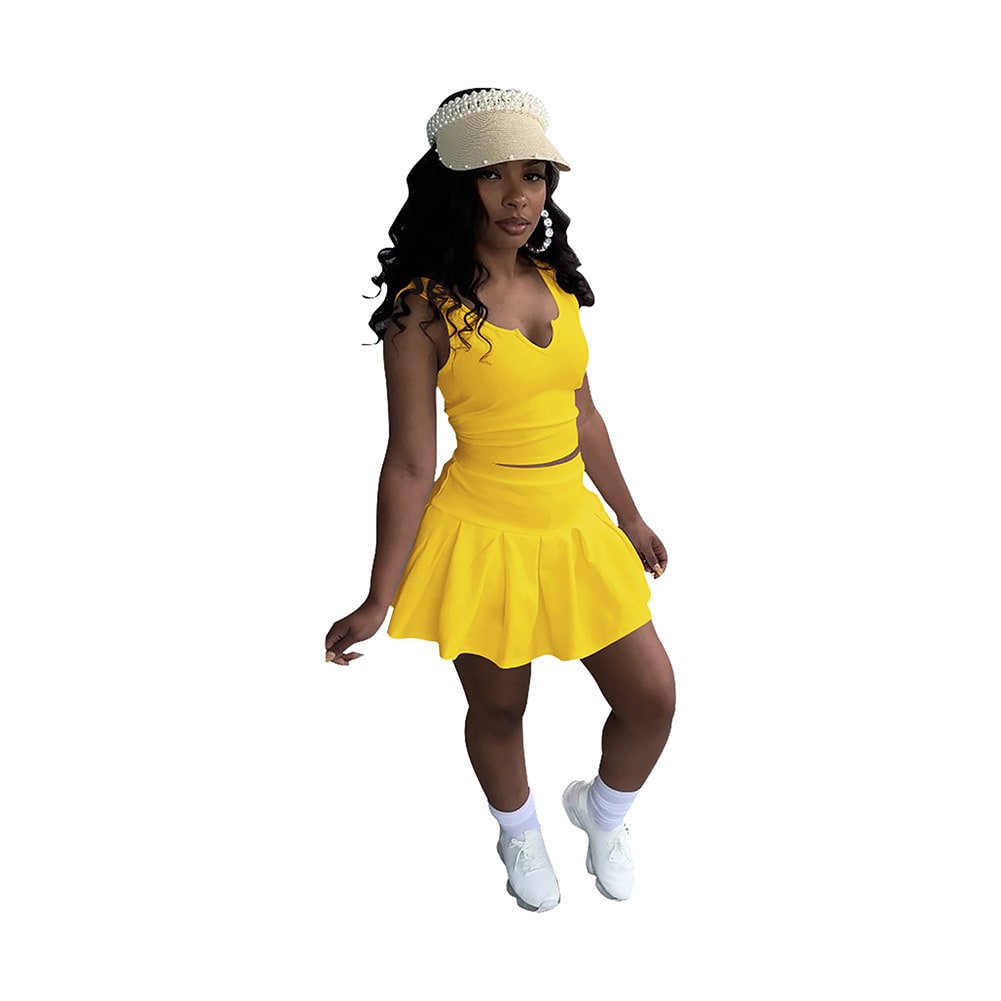 Solid Color And V-neck Sleeveless Pleated Pants Skirt Tennis Skirt Suit view 4