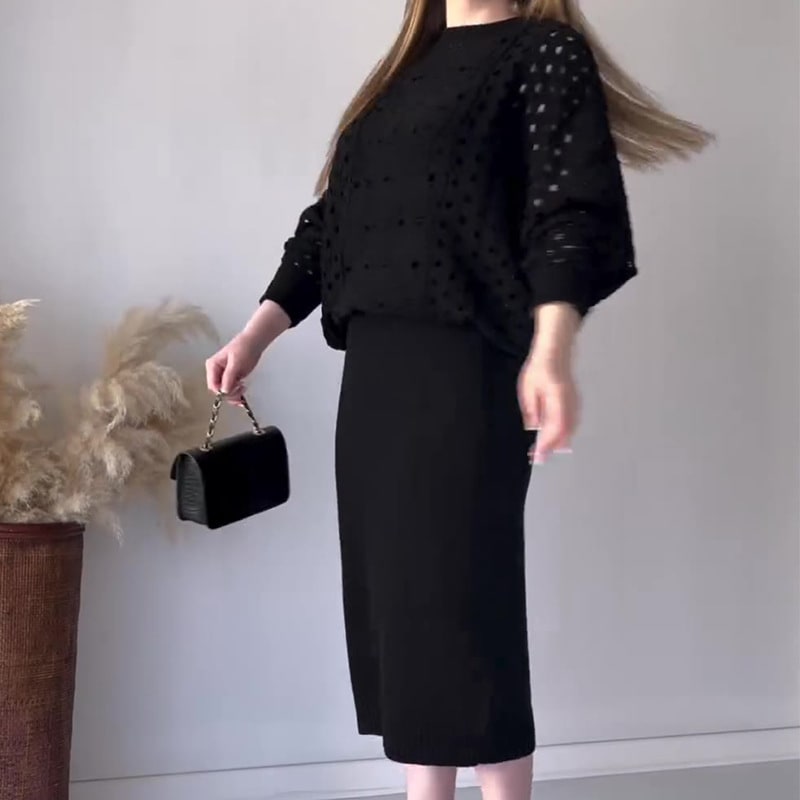 Autumn New Solid Color Hollow Round Neck Top Casual Knitted Skirt Suit view 3