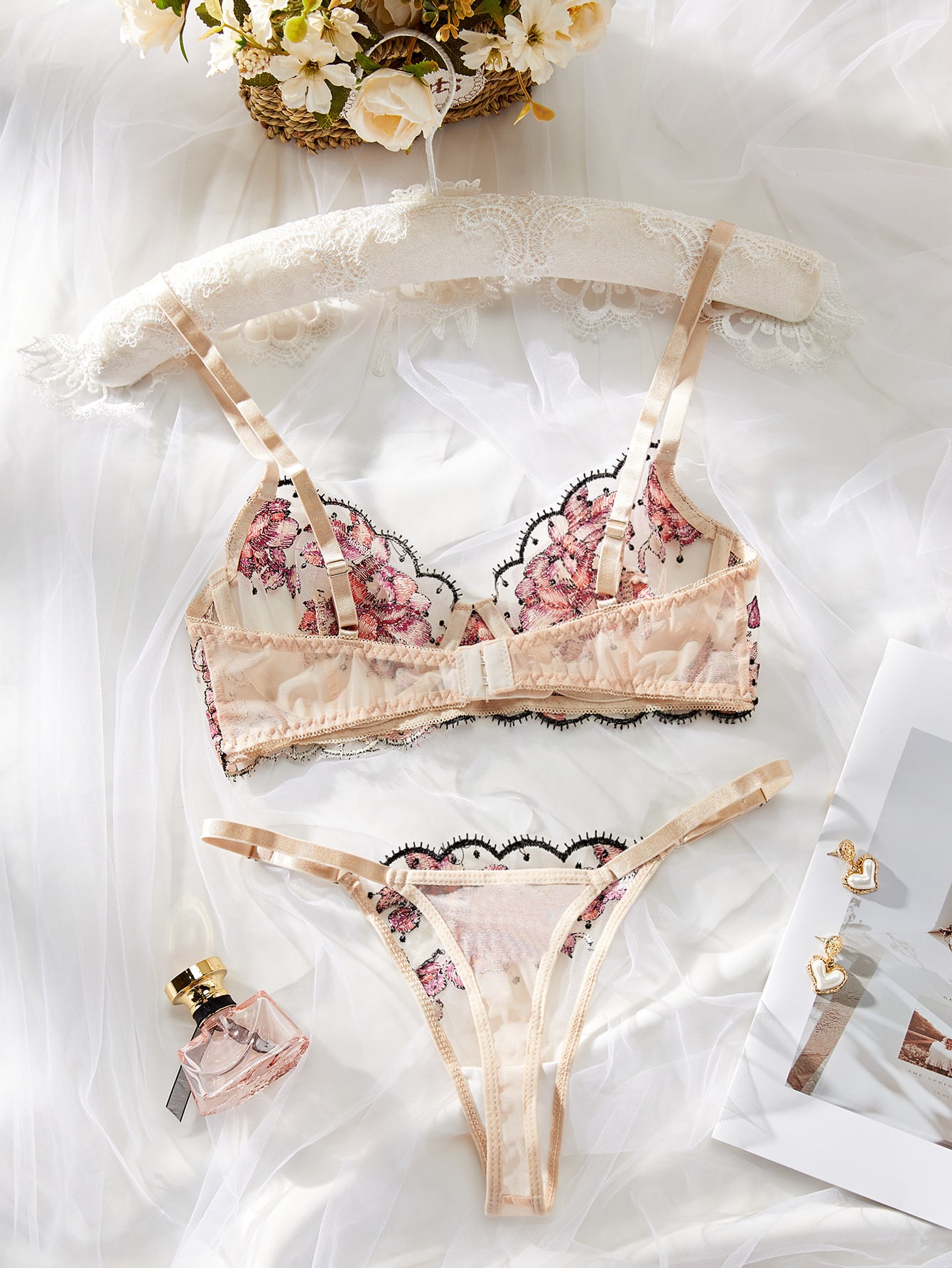 Women's Mesh Multi-color Embroidery Transparent Underwear Suit view 3