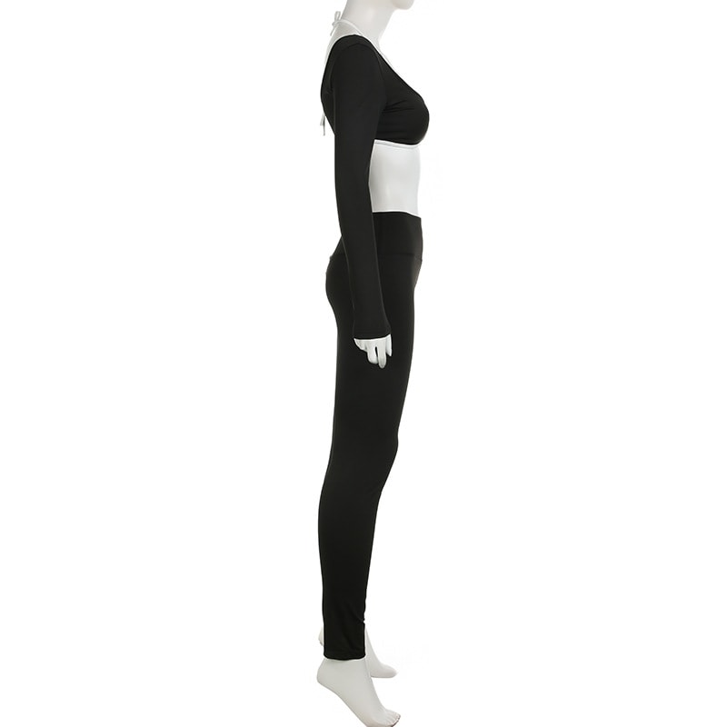 Solid Color Knitted Letter Body-hugging Suit Round Neck Long Sleeve Short Top High Waist Skinny Leggings Two-piece Set view 34