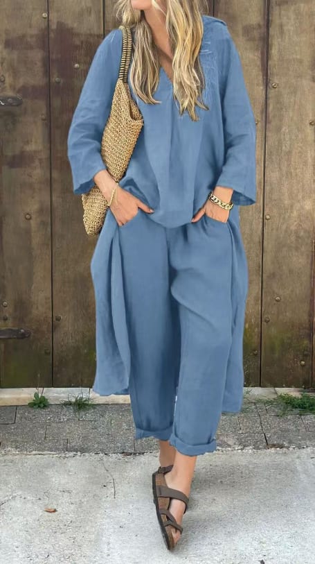 2pcs Long-sleeved Suits Loose V-neck Long Top And High Waist Wide Leg Pants With Pockets Women's Clothing view 5