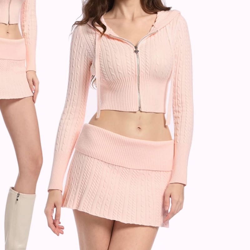 Spring And Autumn Sweater Casual Suit Zipper Hooded Sweatshirt Top Twist Waist Folding Woolen Skirt view 4