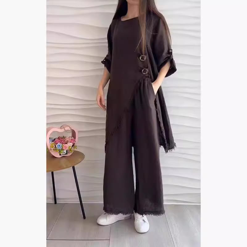 Loose And Irregular Half Sleeve Mid-length Top Loose-fitting Wide-leg Trousers view 5