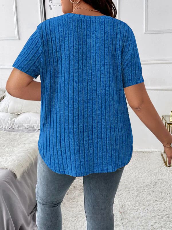 Solid Color Plus Size Women's Clothes Top V-neck Sunken Stripe Short Sleeve T-shirt view 5