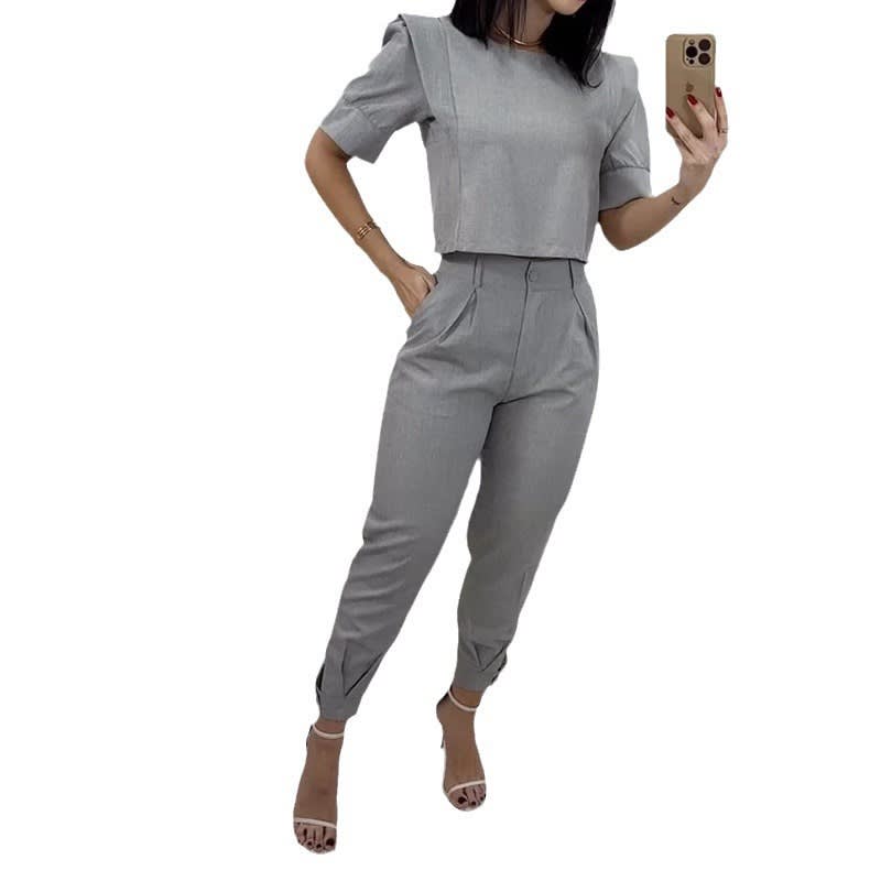 Short Sleeve Top And Trousers Casual Solid Color Two-piece Set view 3
