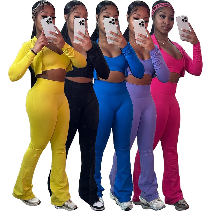 Solid Color Short Top High Waist Bootcut Sports And Leisure Suit Women view 6