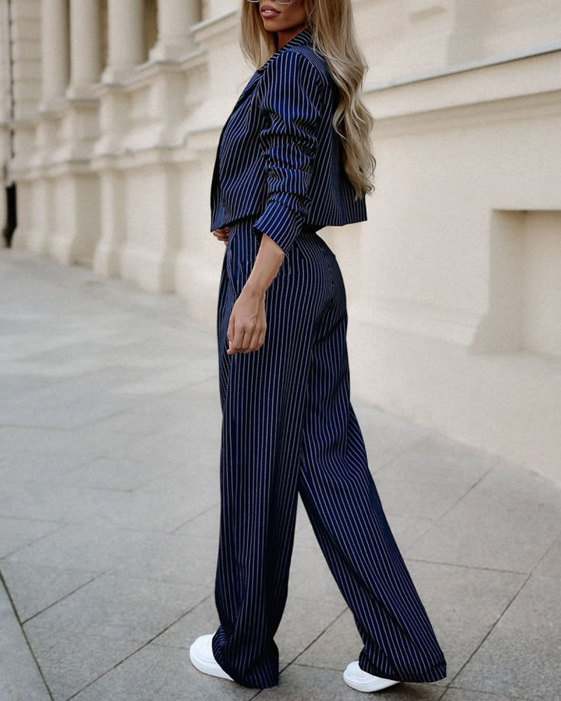 Women's Spring Fashion Striped Suits Casual Lapel Long Sleeve Cropped Top And Straight Pants Outfits Women's Clothing view 9