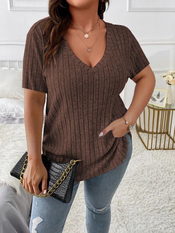 Solid Color Plus Size Women's Clothes Top V-neck Sunken Stripe Short Sleeve T-shirt view 33