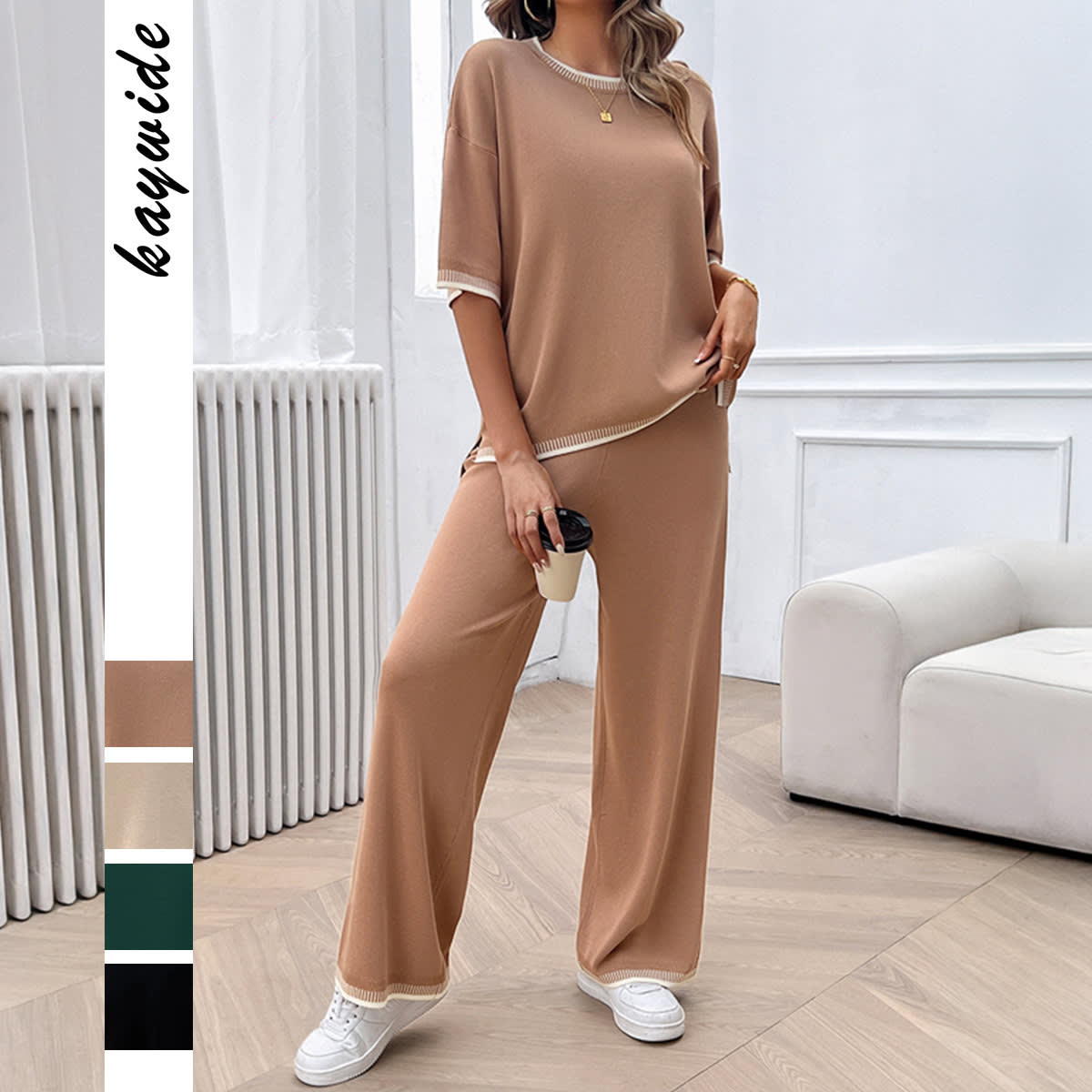 Casual Loose Contrast Color Knitted T-shirt Blouse And Pants 2-piece Set view 4