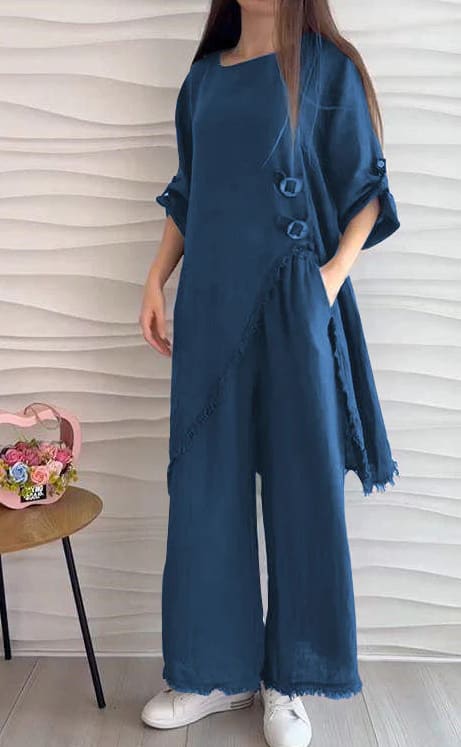 Loose And Irregular Half Sleeve Mid-length Top Loose-fitting Wide-leg Trousers view 2