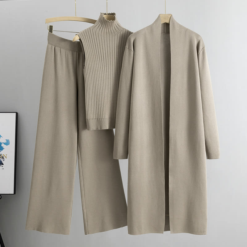 3pcs Suits Women Fashion Knitting Sleeveless Vest Sweater Long Cardigan And Wide-leg Pants Three-piece Set view 7