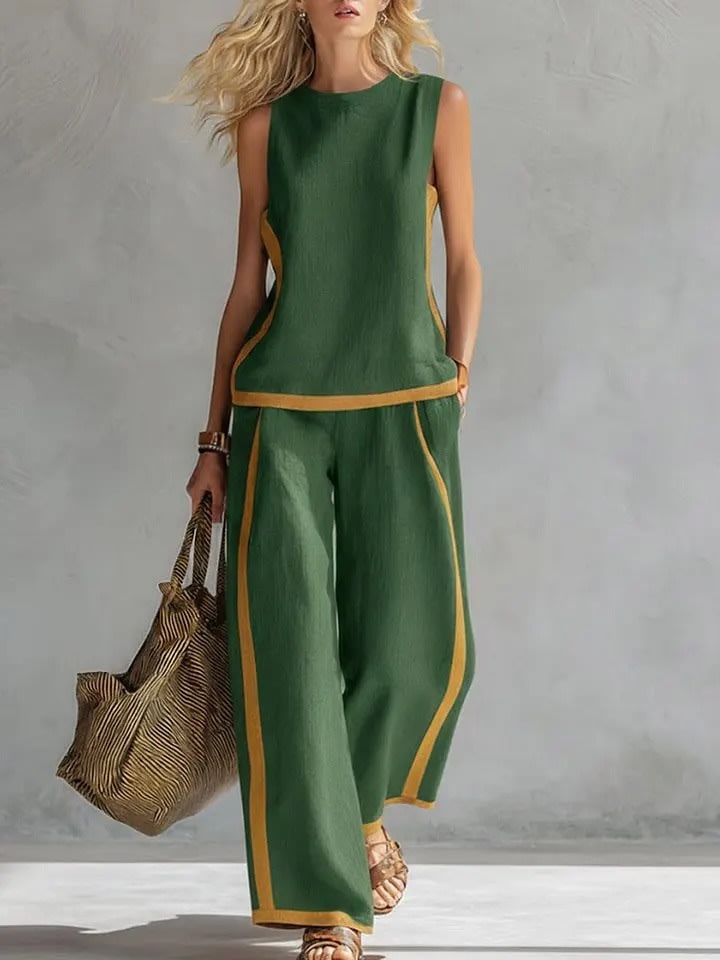Summer Suits Round-neck Sleeveless Vest Top And High-waist Wide-leg Pants Casual Loose Set view 8