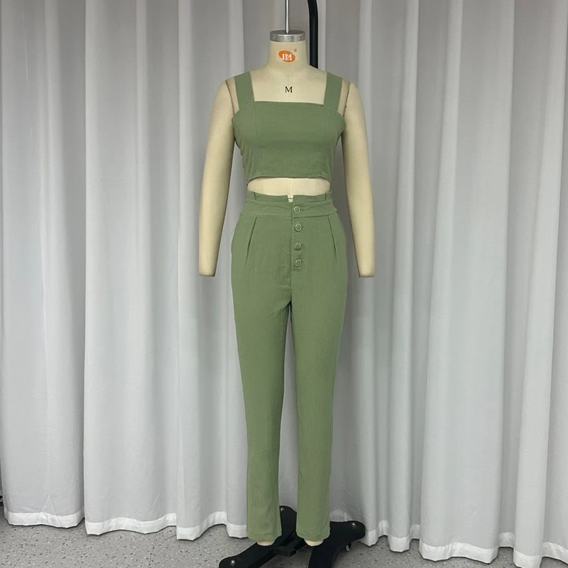 Solid Color Short Crop-top Spaghetti-strap Top High Waist Trousers Two-piece Set view 3
