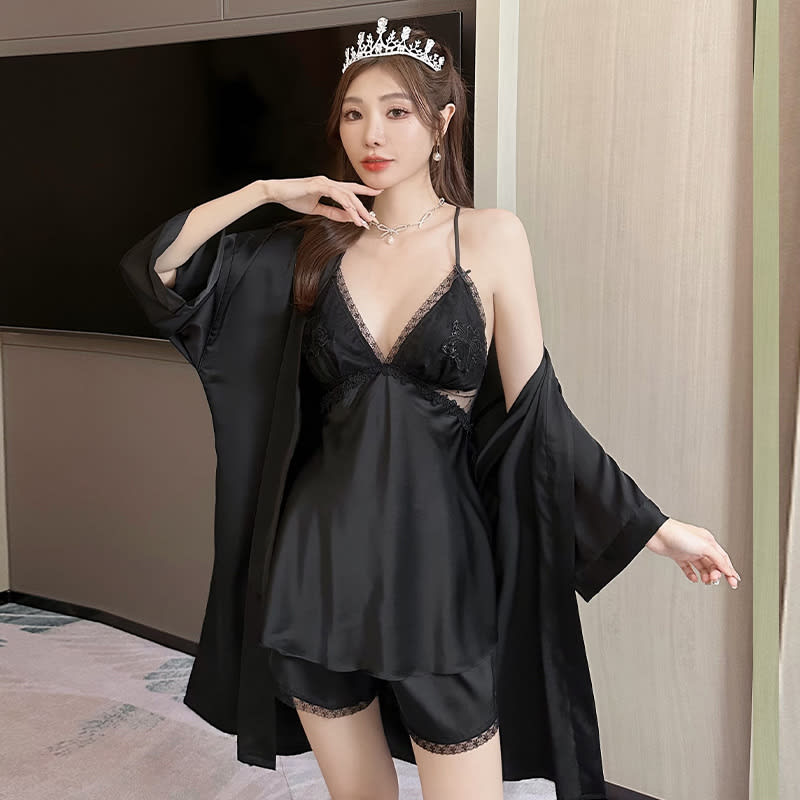 Butterflies And Polka Dots Hollow-out Lace Beautiful Back Suspender Shorts Outerwear Gown Silk Women's Homewear With Chest Pad view 4