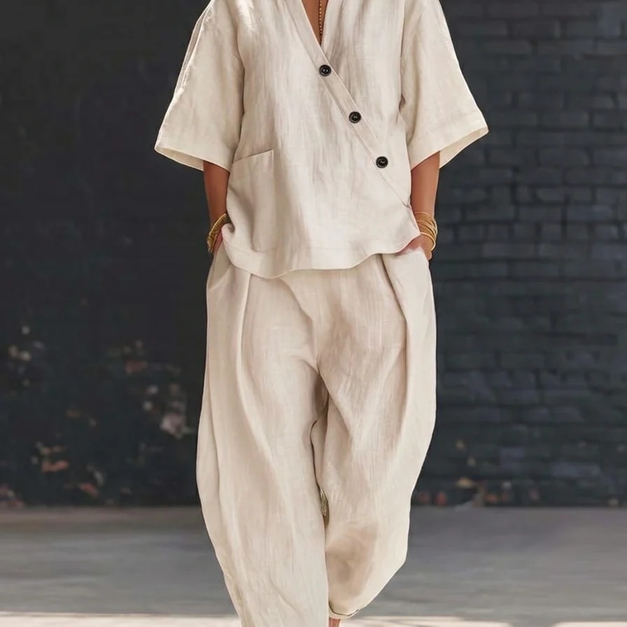 Summer Short-sleeved Suits Loose-fit V-neck Top And High-waist Trousers Women's Two-piece Set view 4