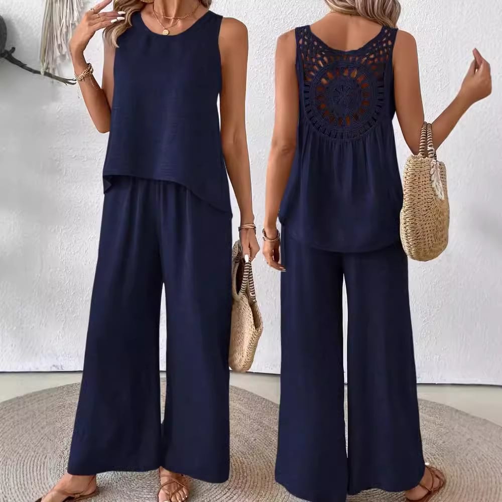 2 Pieces Set Women's Sleeveless Solid Color Back Hollow Lace Suit Summmer Trendy Casual Top Wide Leg Pants Set For Daily Wear Holiday Outfit view 5