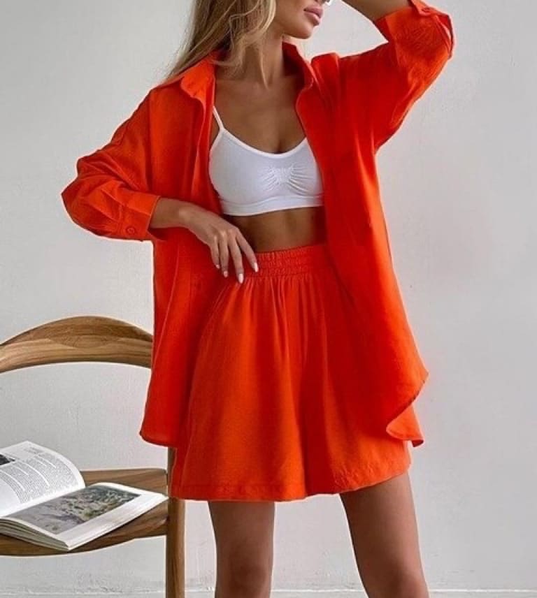 Single-breasted Long Sleeve Shirt Loose Casual Shorts Suit view 3