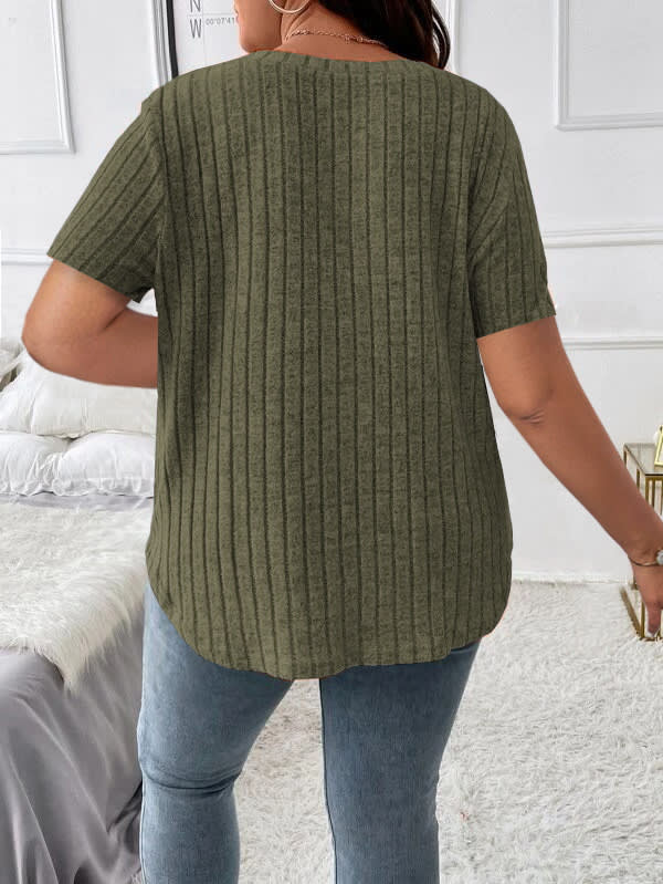 Solid Color Plus Size Women's Clothes Top V-neck Sunken Stripe Short Sleeve T-shirt view 30