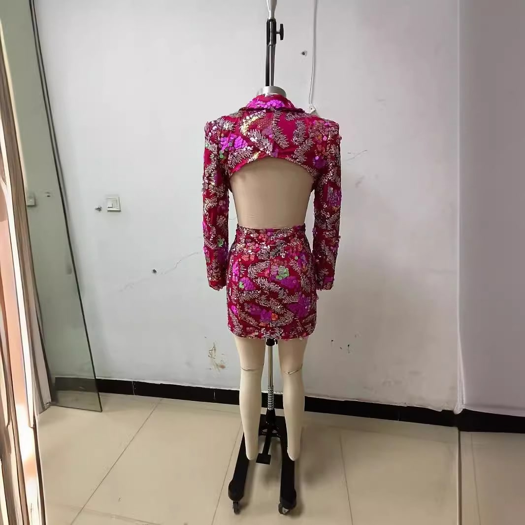 Sequined Backless Mid-length Suit Jacket view 16