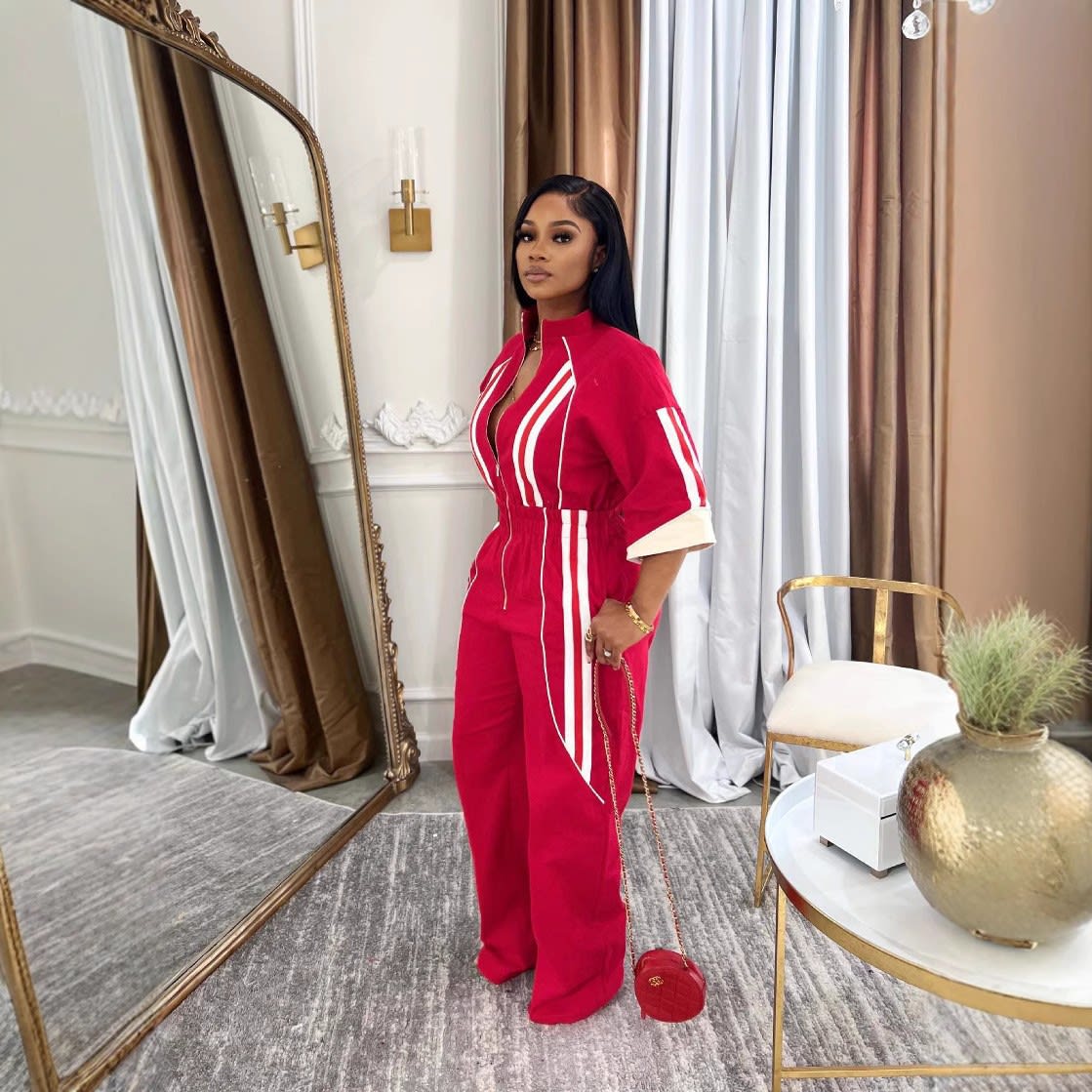 Stand Collar 7-point Sleeve Drop-shoulder Waist Long Zipper One-piece Trousers view 2