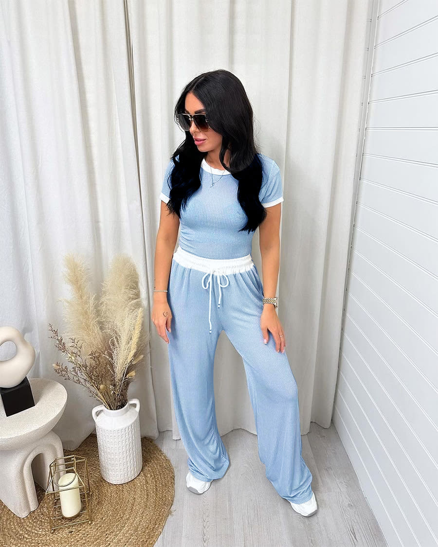 Round Neck Contrast Color Women's Fashion Casual Wide-leg Pants Sports Suit view 23