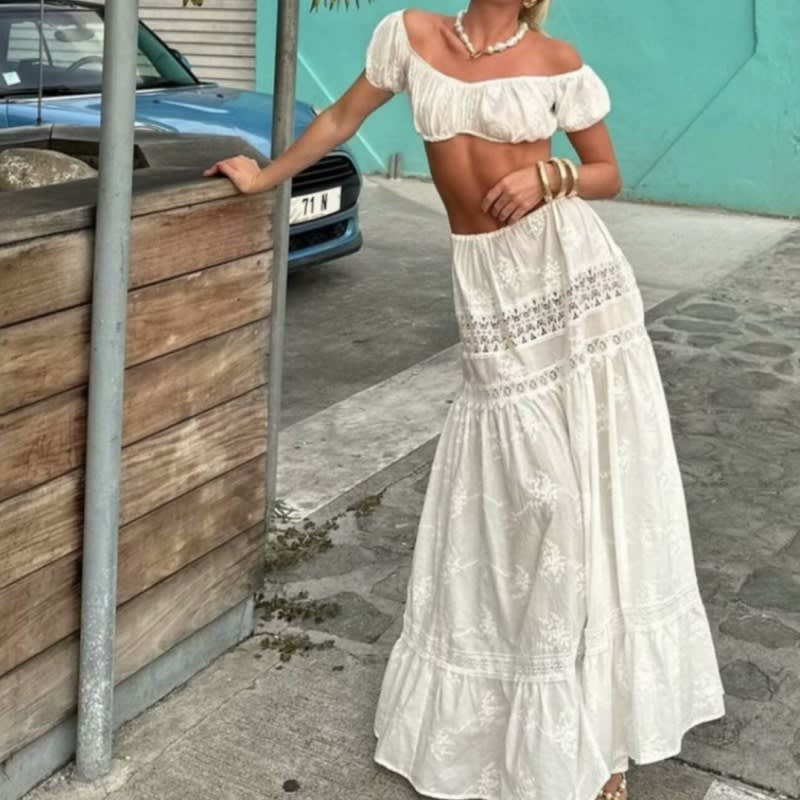 Off-neck Lace Short Small Top High Waist Drawstring Patchwork Long Dress view 7